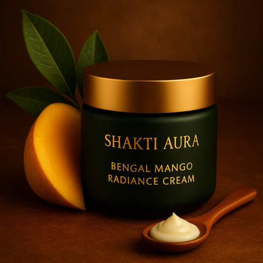 Shakti Aura Bengal Mango Radiance Cream -	luxury Ayurvedic moisturizer in matte dark-green jar with gold lid